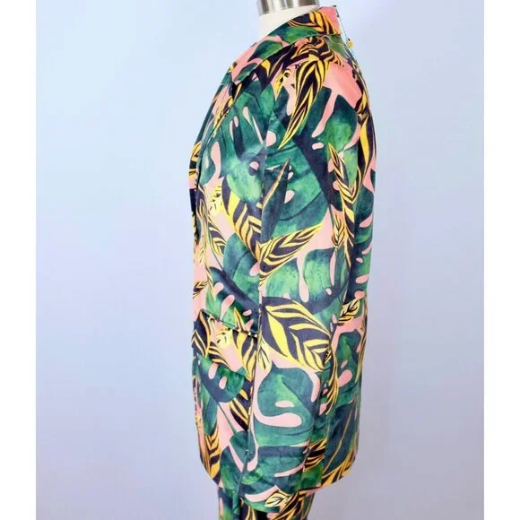 Farm Rio sz XS pant suit jacket velour palm tiger leaf tropical print